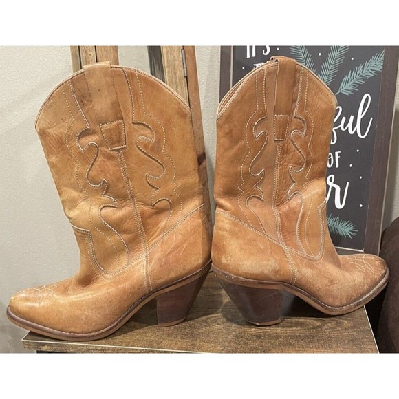 Vintage Western Boots Womens Tan Leather stacked heel Boots Size 7.5M boho - Picture 5 of 8